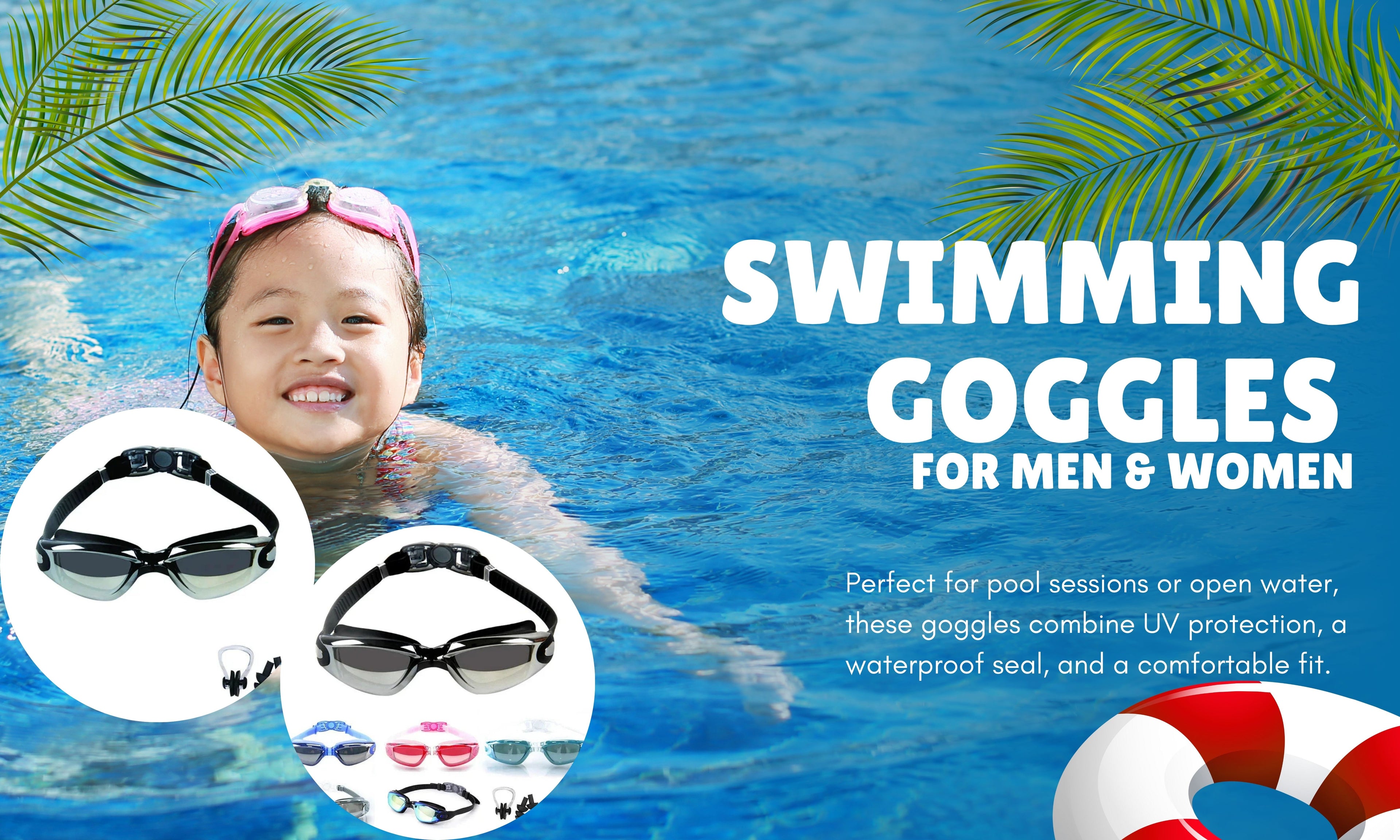 Child swimming in a pool with text about swimming goggles for men and women, surrounded by pool accessories.