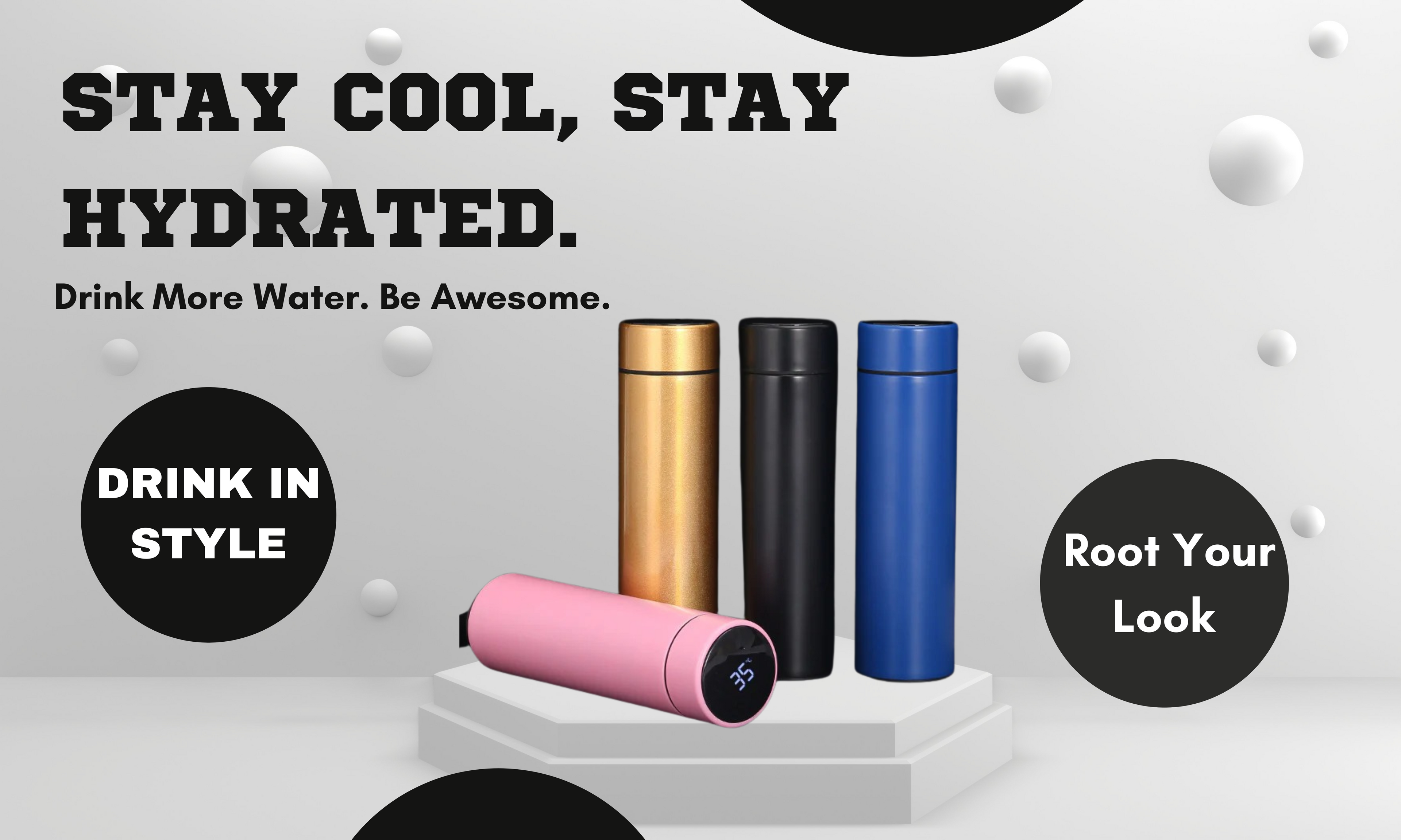 Colorful water bottles with promotional text on a light background